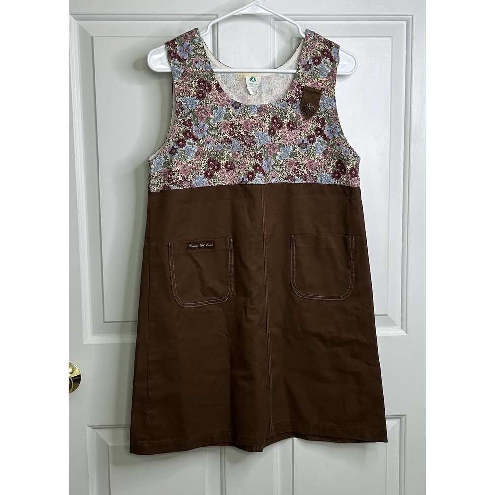 Vintage 1990s Girl Scouts Brownie Dress Floral Sleeveless + Pin Girls 16 READ